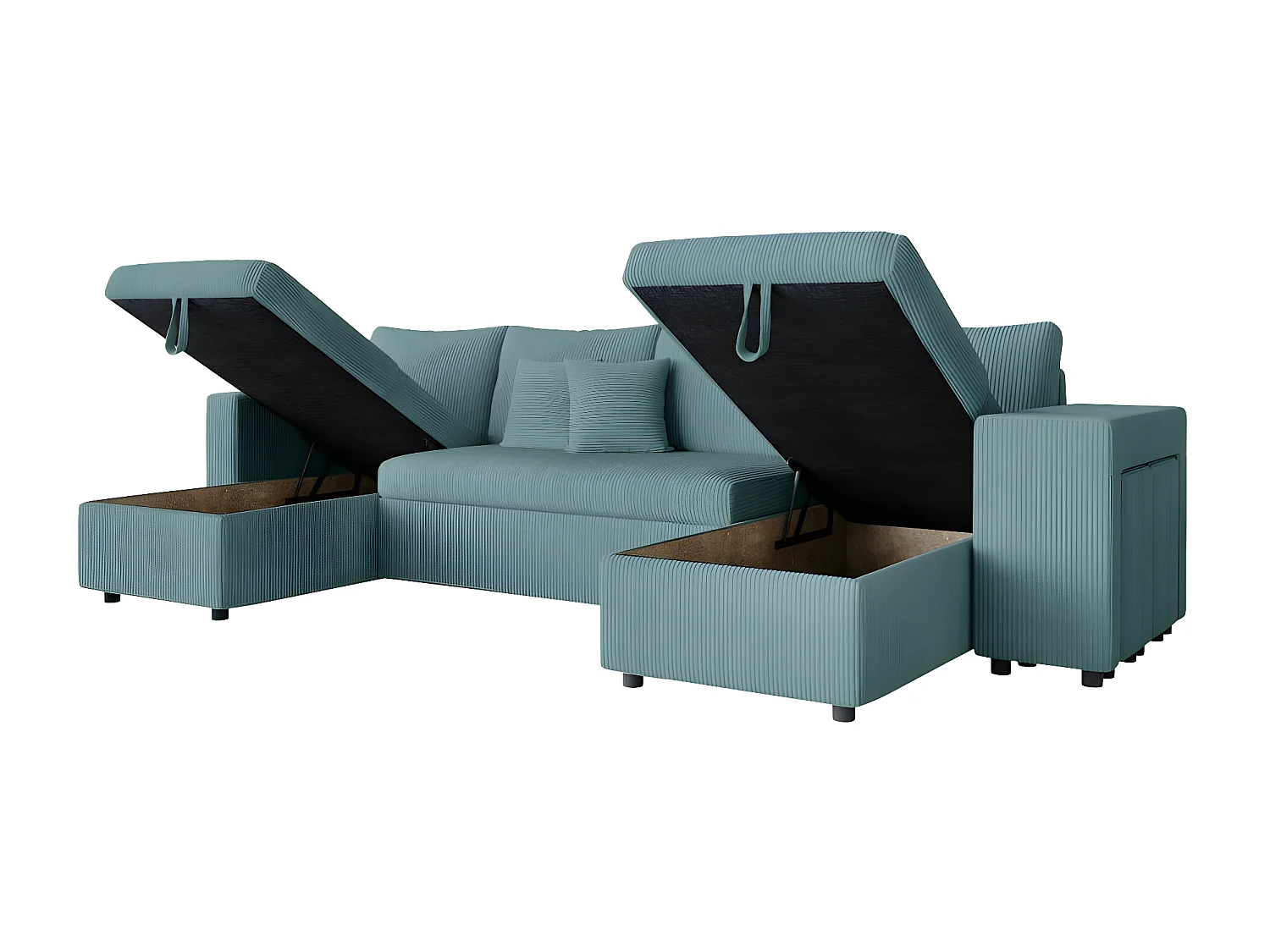 Canapé panoramique Oslo convertible avec 2 coffres, 2 poufs à droite en velours côtelé bleu clair - L311 x P146 x H81cm - Loungitude