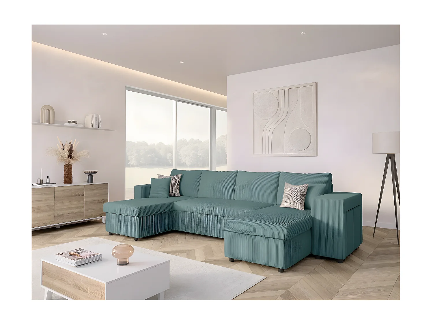 Canapé panoramique Oslo convertible avec 2 coffres, 2 poufs à droite en velours côtelé bleu clair - L311 x P146 x H81cm - Loungitude