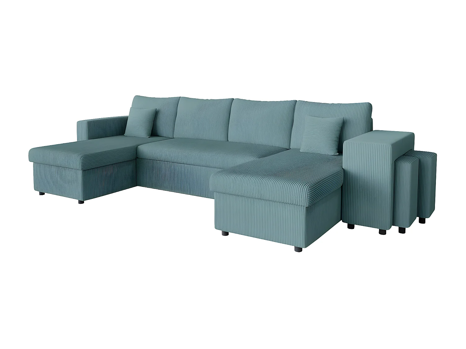 Canapé panoramique Oslo convertible avec 2 coffres, 2 poufs à droite en velours côtelé bleu clair - L311 x P146 x H81cm - Loungitude