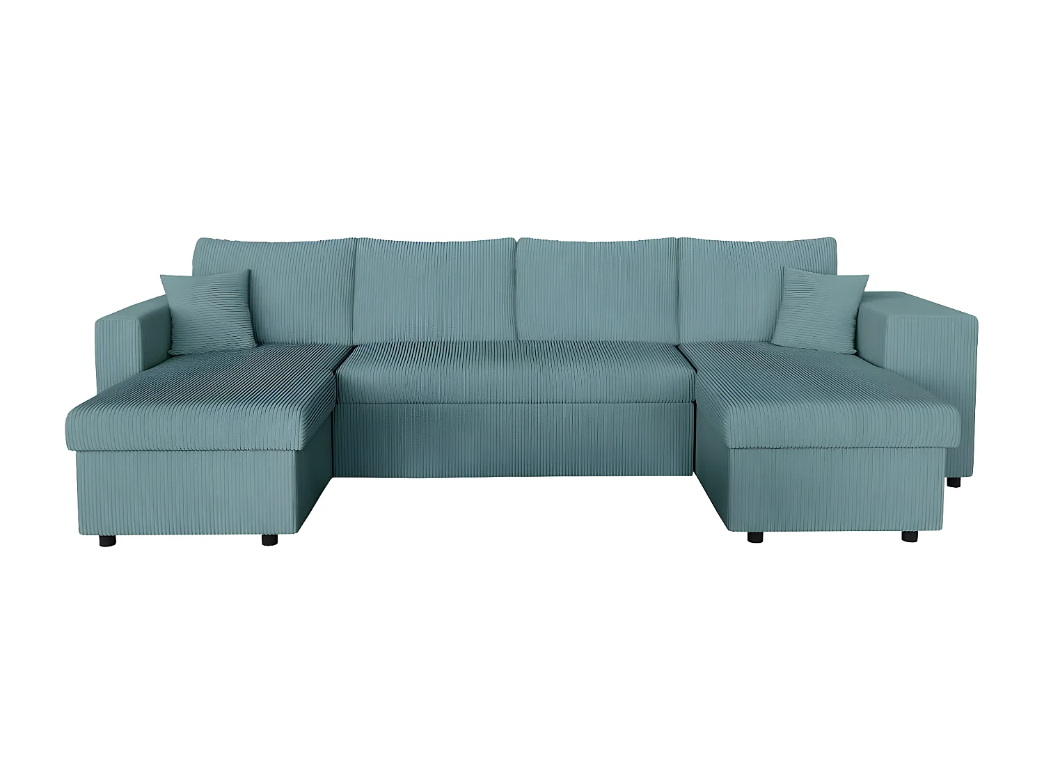 Canapé panoramique Oslo convertible avec 2 coffres, 2 poufs à droite en velours côtelé bleu clair - L311 x P146 x H81cm - Loungitude