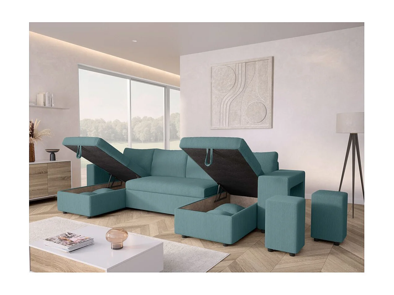Canapé panoramique Oslo convertible avec 2 coffres, 2 poufs à droite en velours côtelé bleu clair - L311 x P146 x H81cm - Loungitude