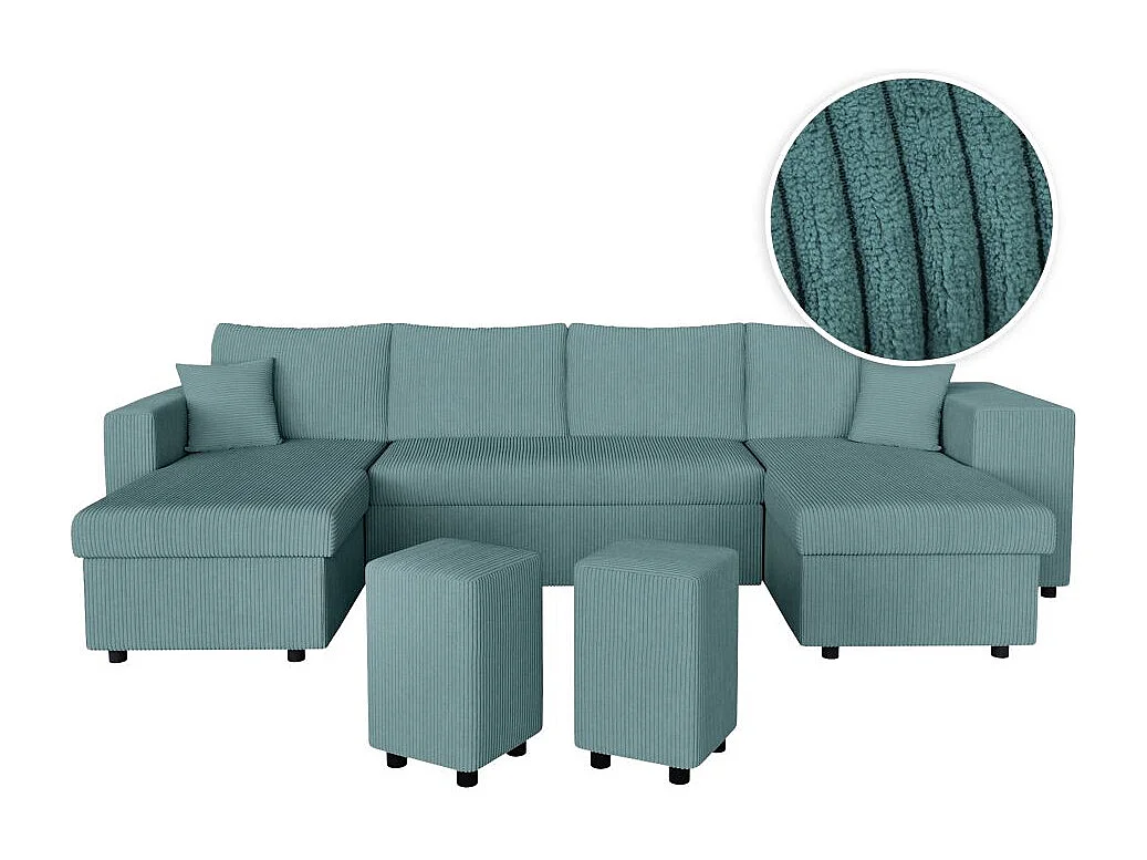 Canapé panoramique Oslo convertible avec 2 coffres, 2 poufs à droite en velours côtelé bleu clair - L311 x P146 x H81cm - Loungitude