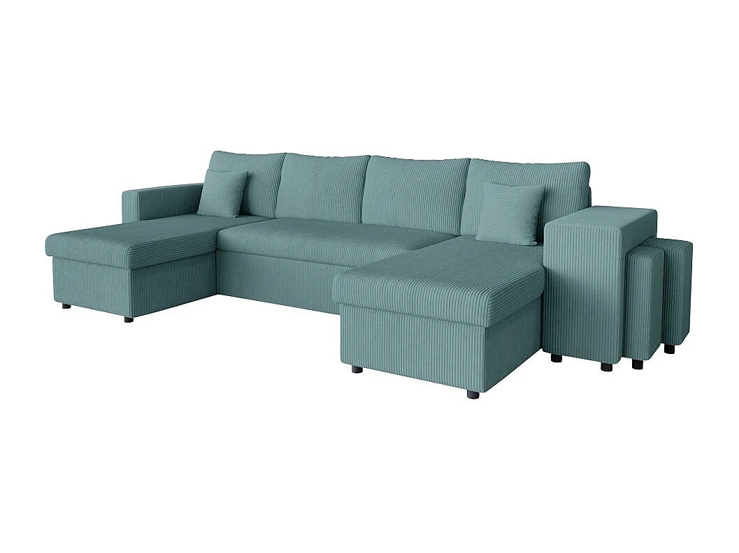 Canapé panoramique Oslo convertible avec 2 coffres, 2 poufs à droite en velours côtelé bleu clair - L311 x P146 x H81cm - Loungitude