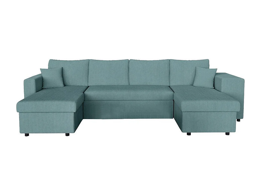 Canapé panoramique Oslo convertible avec 2 coffres, 2 poufs à droite en velours côtelé bleu clair - L311 x P146 x H81cm - Loungitude