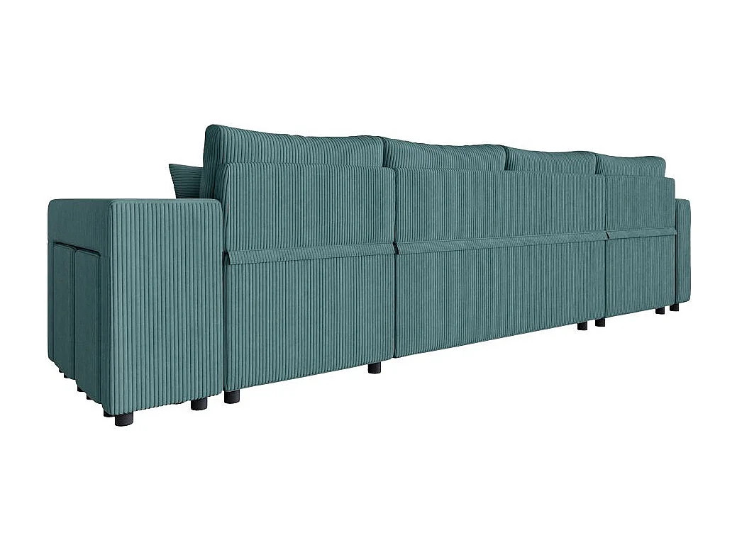 Canapé panoramique Oslo convertible avec 2 coffres, 2 poufs à droite en velours côtelé bleu clair - L311 x P146 x H81cm - Loungitude