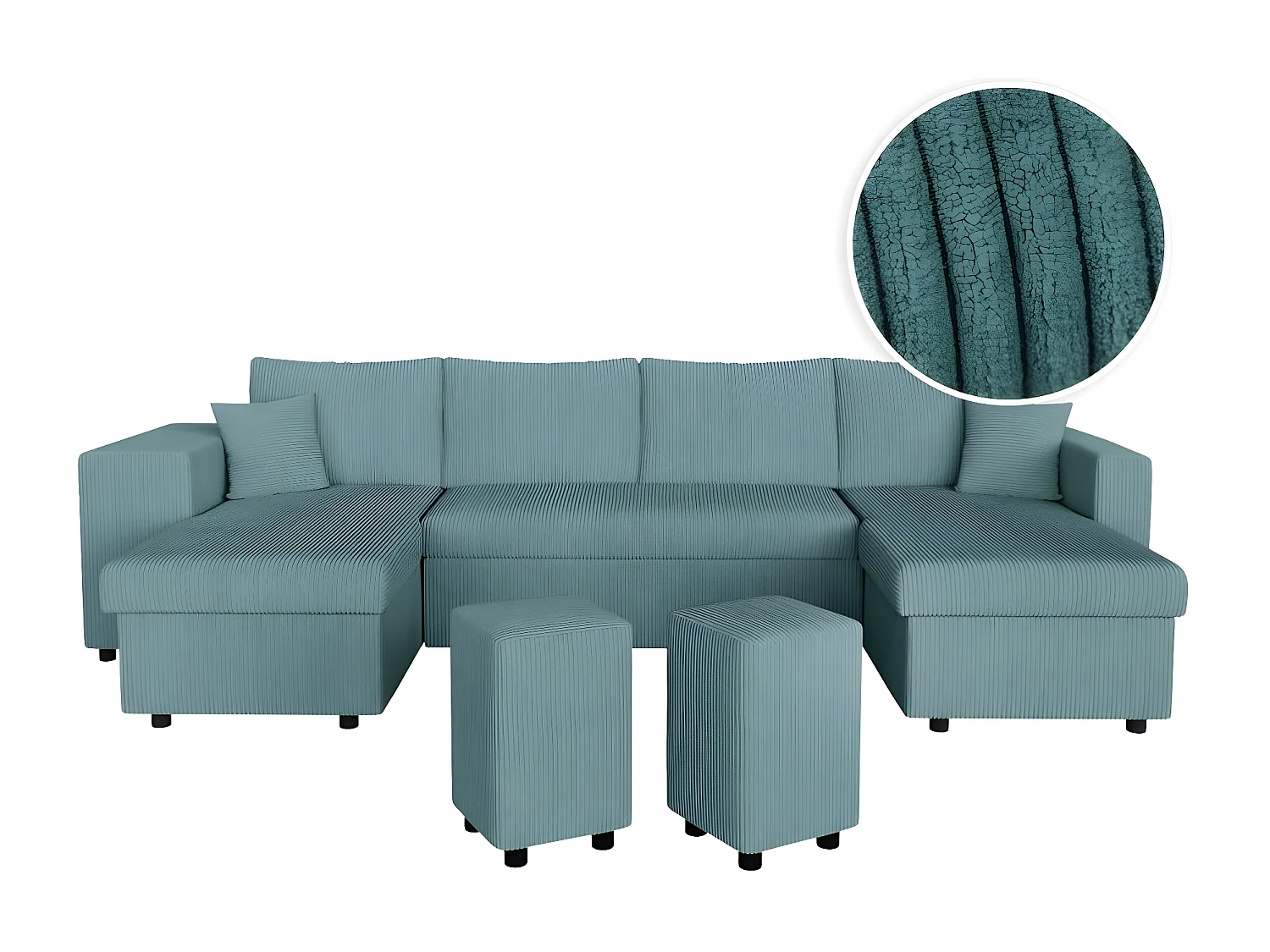 Canapé panoramique Oslo convertible avec 2 coffres, 2 poufs à gauche en velours côtelé bleu clair - L311 x P146 x H81cm - Loungitude