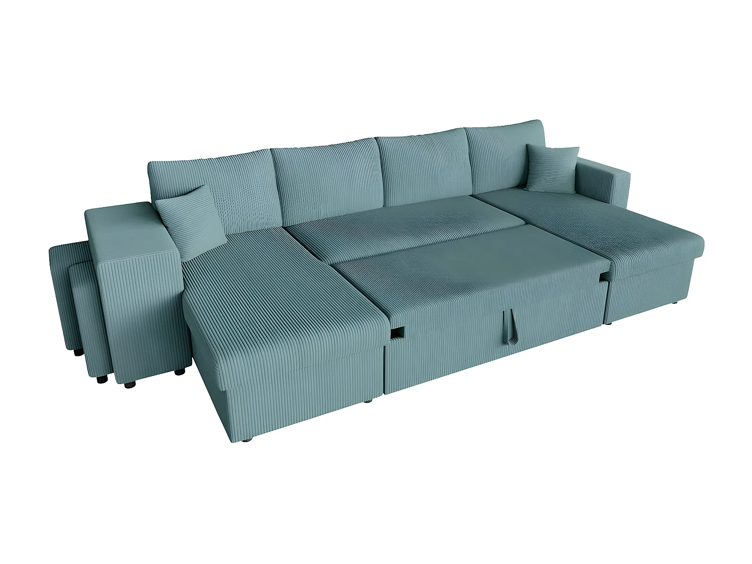 Canapé panoramique Oslo convertible avec 2 coffres, 2 poufs à gauche en velours côtelé bleu clair - L311 x P146 x H81cm - Loungitude