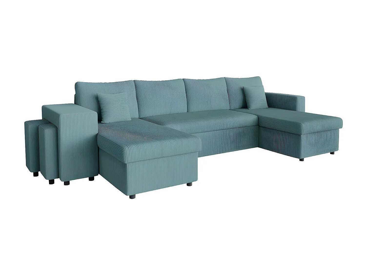 Canapé panoramique Oslo convertible avec 2 coffres, 2 poufs à gauche en velours côtelé bleu clair - L311 x P146 x H81cm - Loungitude