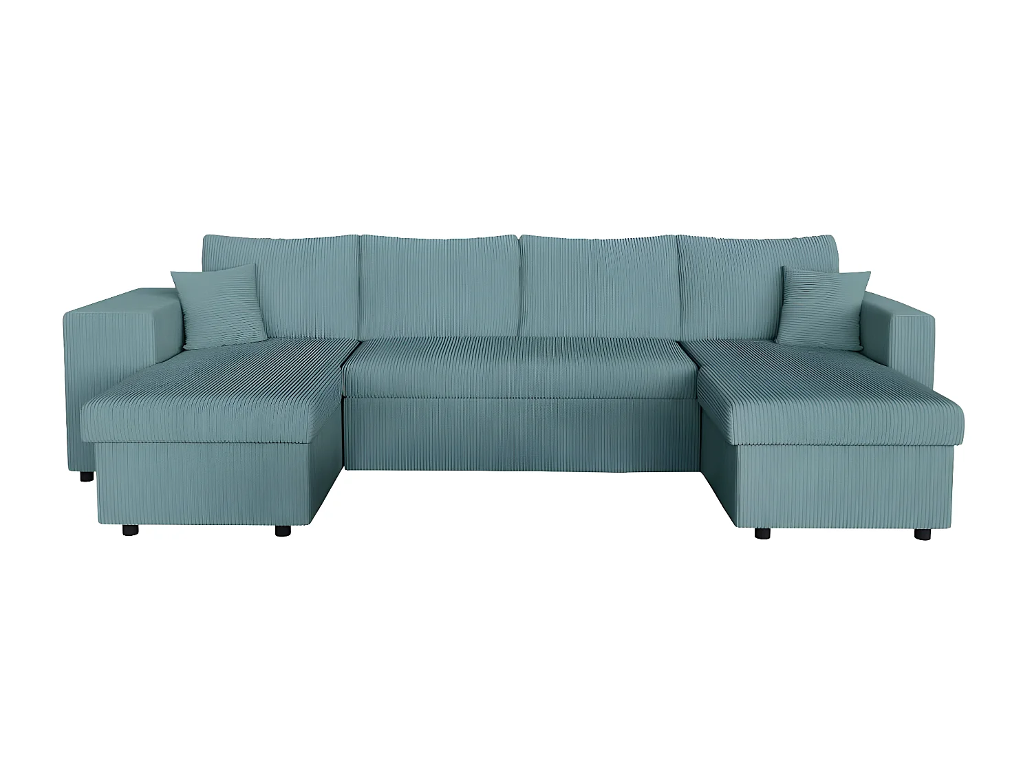 Canapé panoramique Oslo convertible avec 2 coffres, 2 poufs à gauche en velours côtelé bleu clair - L311 x P146 x H81cm - Loungitude
