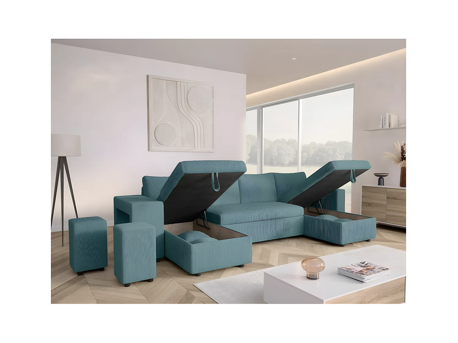 Canapé panoramique Oslo convertible avec 2 coffres, 2 poufs à gauche en velours côtelé bleu clair - L311 x P146 x H81cm - Loungitude