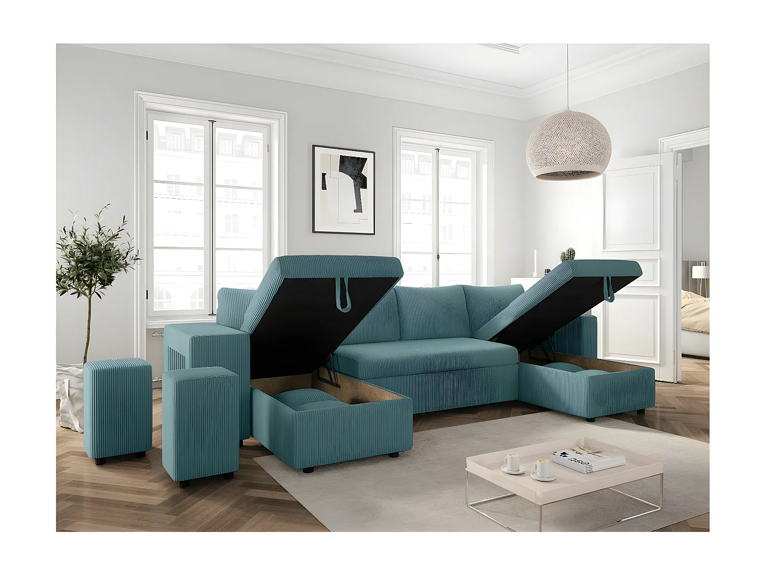 Canapé panoramique Oslo convertible avec 2 coffres, 2 poufs à gauche en velours côtelé bleu clair - L311 x P146 x H81cm - Loungitude