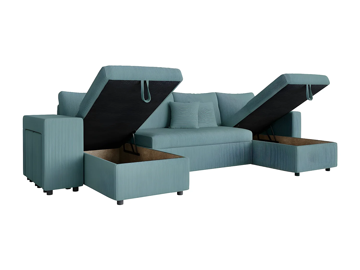 Canapé panoramique Oslo convertible avec 2 coffres, 2 poufs à gauche en velours côtelé bleu clair - L311 x P146 x H81cm - Loungitude