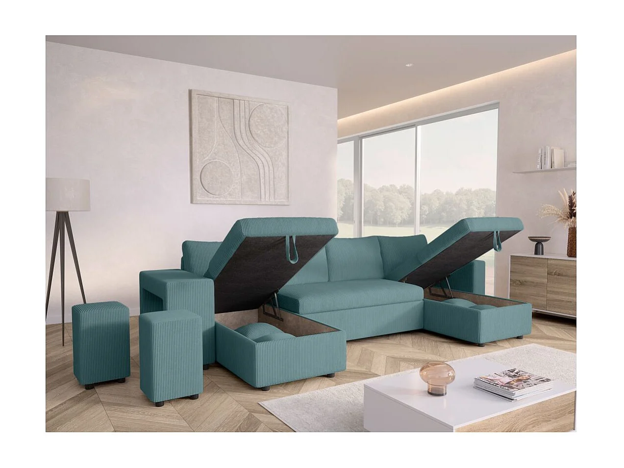 Canapé panoramique Oslo convertible avec 2 coffres, 2 poufs à gauche en velours côtelé bleu clair - L311 x P146 x H81cm - Loungitude
