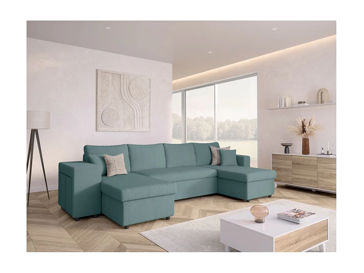 Canapé panoramique Oslo convertible avec 2 coffres, 2 poufs à gauche en velours côtelé bleu clair - L311 x P146 x H81cm - Loungitude