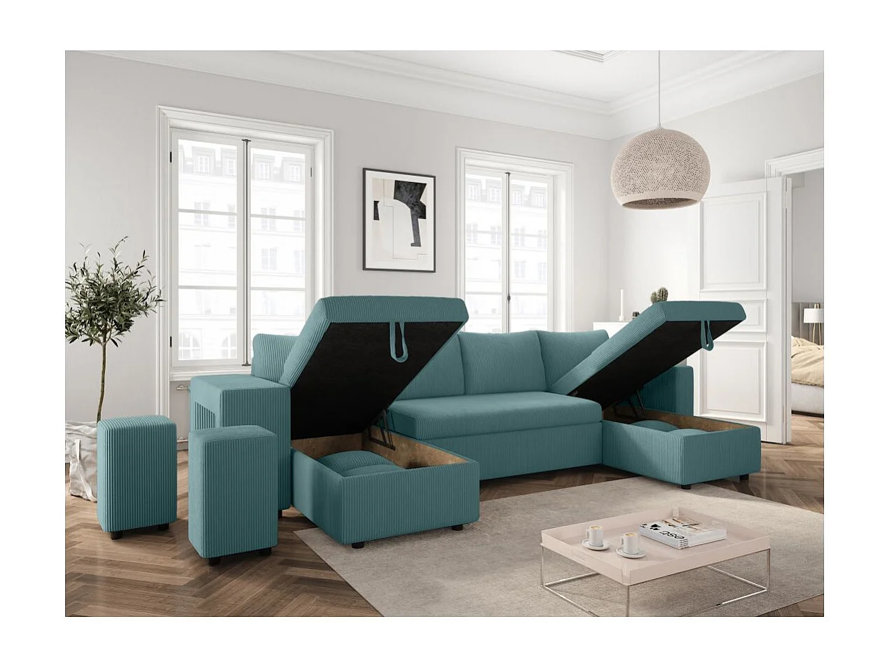 Canapé panoramique Oslo convertible avec 2 coffres, 2 poufs à gauche en velours côtelé bleu clair - L311 x P146 x H81cm - Loungitude