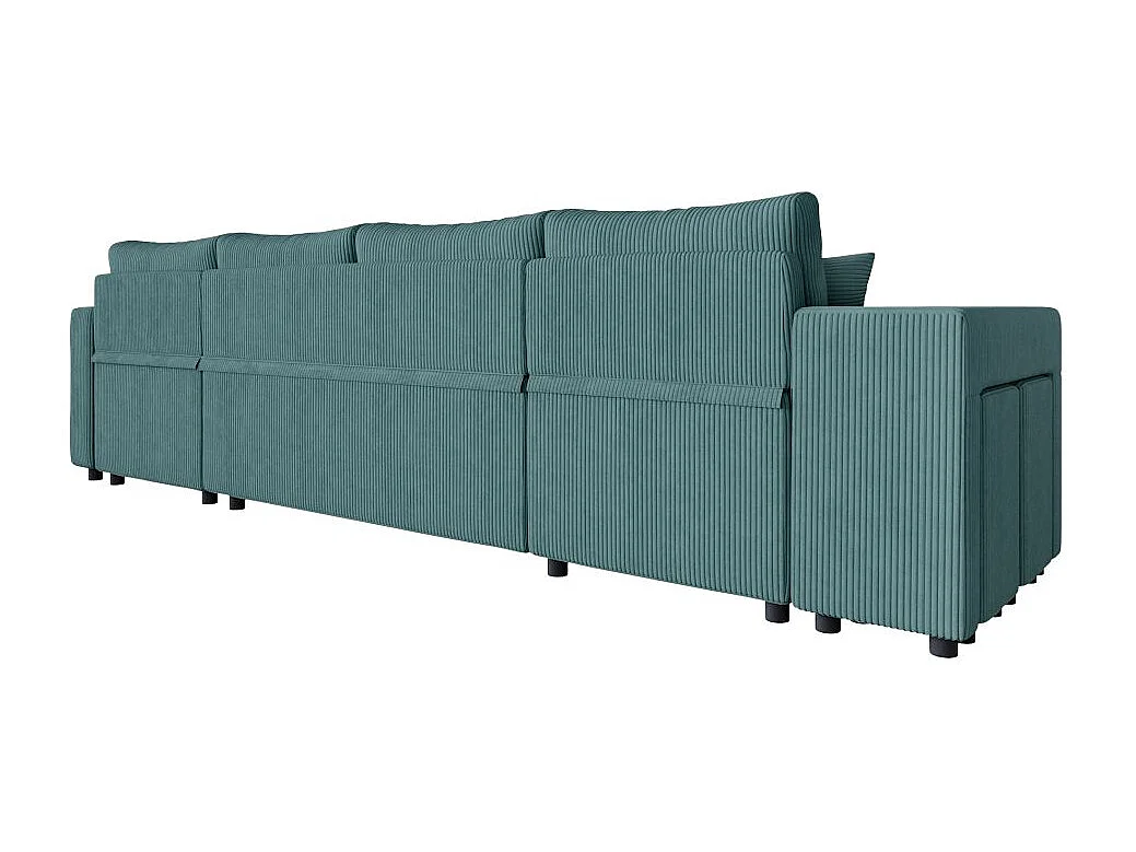 Canapé panoramique Oslo convertible avec 2 coffres, 2 poufs à gauche en velours côtelé bleu clair - L311 x P146 x H81cm - Loungitude