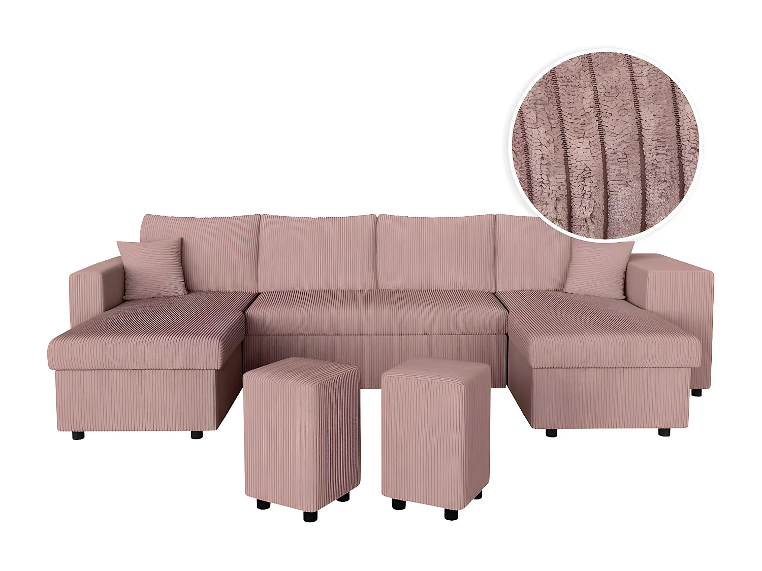 Canapé panoramique Oslo convertible avec 2 coffres, 2 poufs à droite en velours côtelé rose - L311 x P146 x H81cm - Loungitude