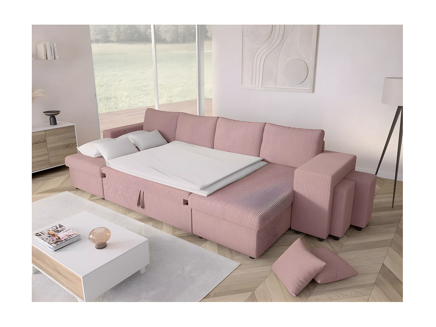 Canapé panoramique Oslo convertible avec 2 coffres, 2 poufs à droite en velours côtelé rose - L311 x P146 x H81cm - Loungitude