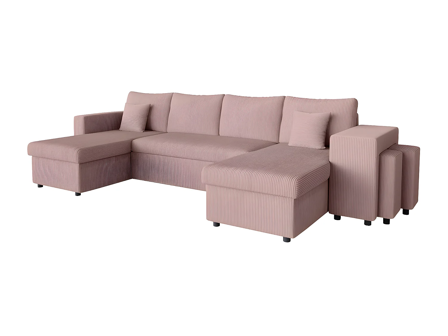 Canapé panoramique Oslo convertible avec 2 coffres, 2 poufs à droite en velours côtelé rose - L311 x P146 x H81cm - Loungitude