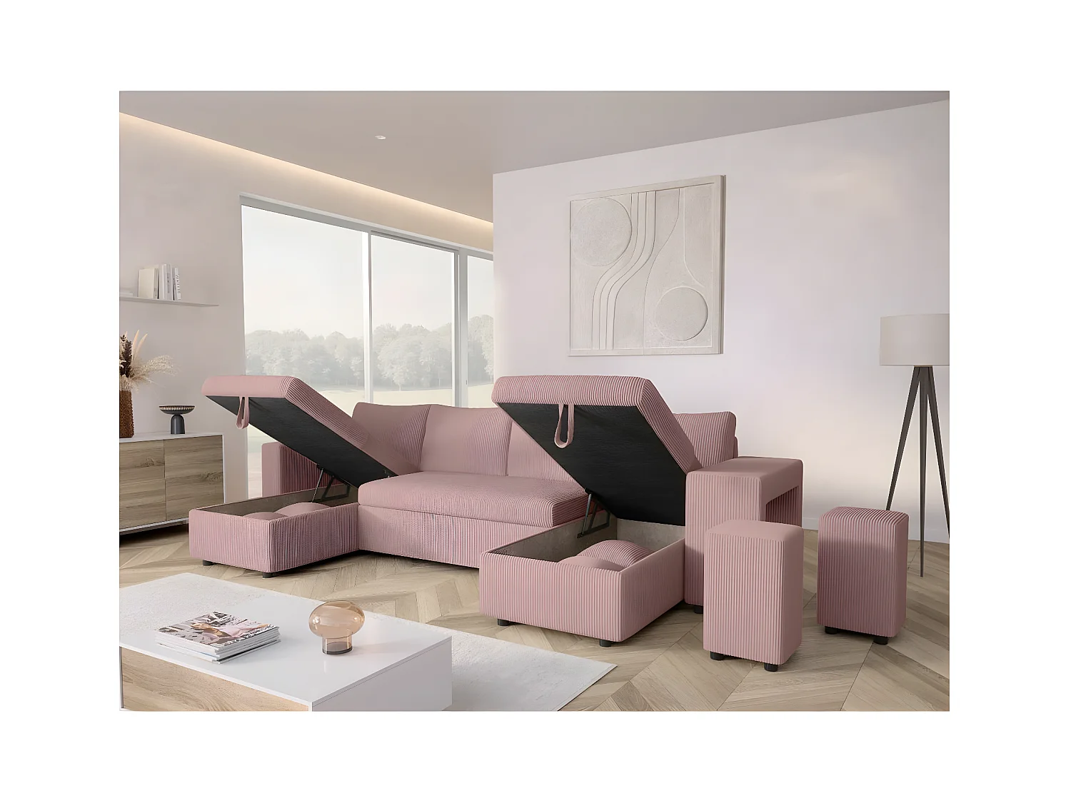 Canapé panoramique Oslo convertible avec 2 coffres, 2 poufs à droite en velours côtelé rose - L311 x P146 x H81cm - Loungitude