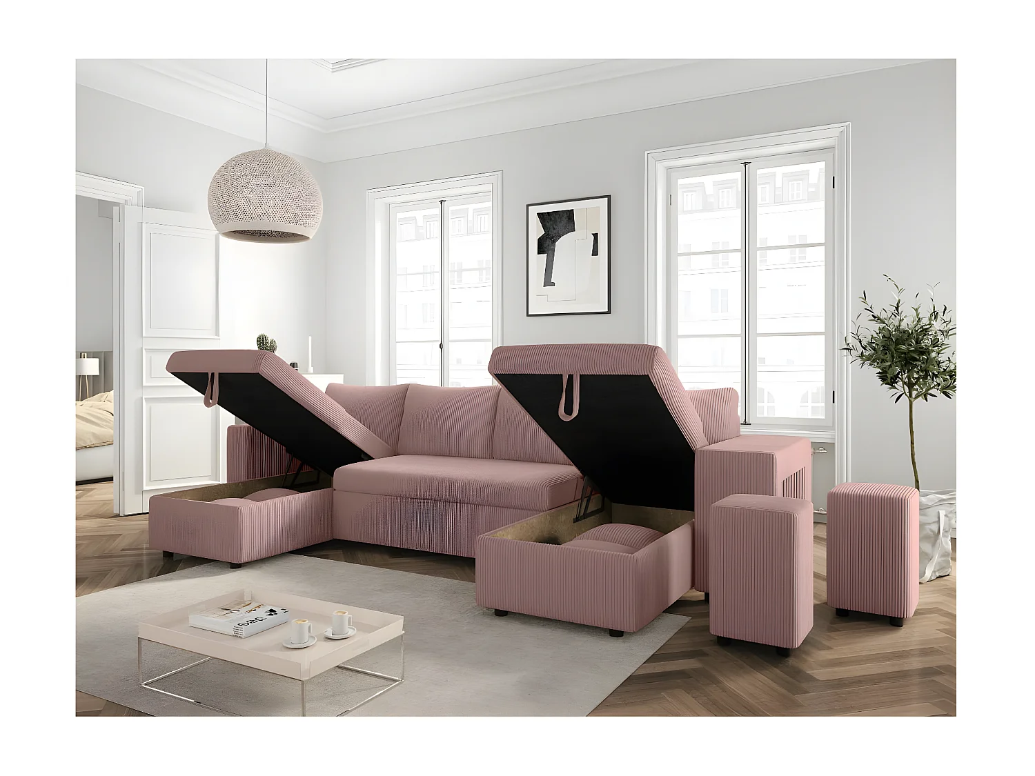 Canapé panoramique Oslo convertible avec 2 coffres, 2 poufs à droite en velours côtelé rose - L311 x P146 x H81cm - Loungitude