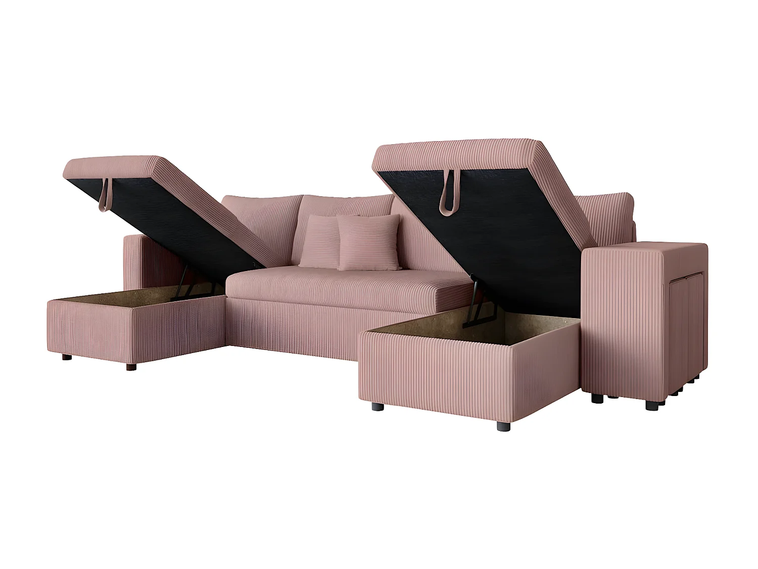 Canapé panoramique Oslo convertible avec 2 coffres, 2 poufs à droite en velours côtelé rose - L311 x P146 x H81cm - Loungitude