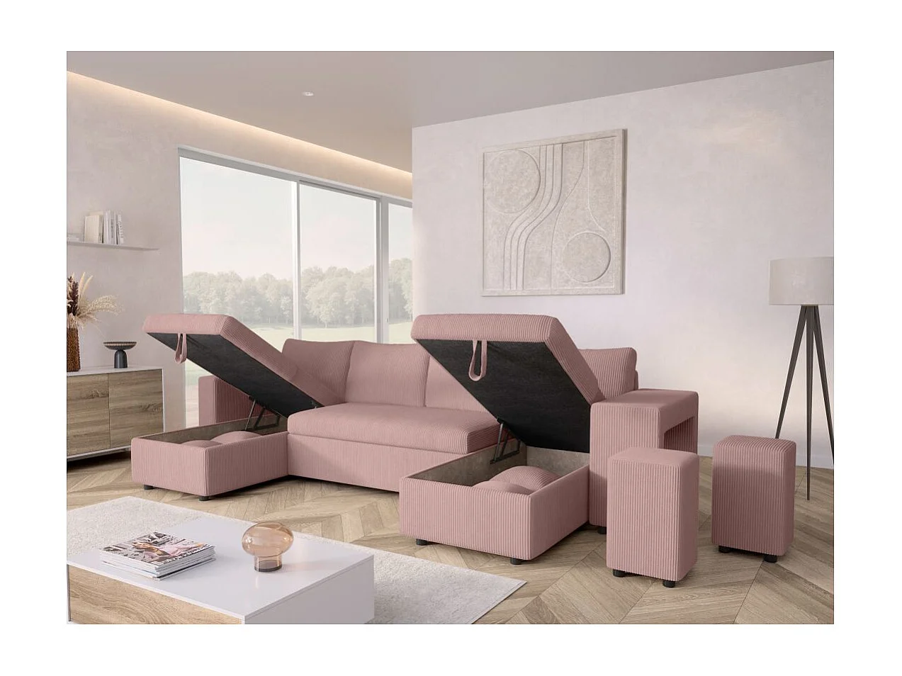 Canapé panoramique Oslo convertible avec 2 coffres, 2 poufs à droite en velours côtelé rose - L311 x P146 x H81cm - Loungitude