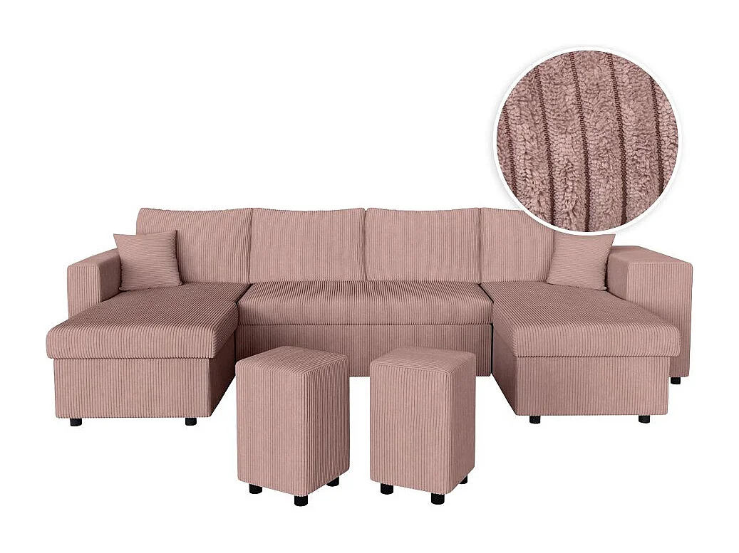 Canapé panoramique Oslo convertible avec 2 coffres, 2 poufs à droite en velours côtelé rose - L311 x P146 x H81cm - Loungitude