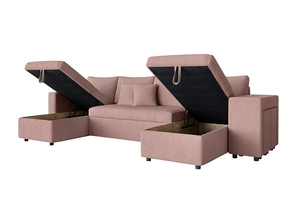 Canapé panoramique Oslo convertible avec 2 coffres, 2 poufs à droite en velours côtelé rose - L311 x P146 x H81cm - Loungitude