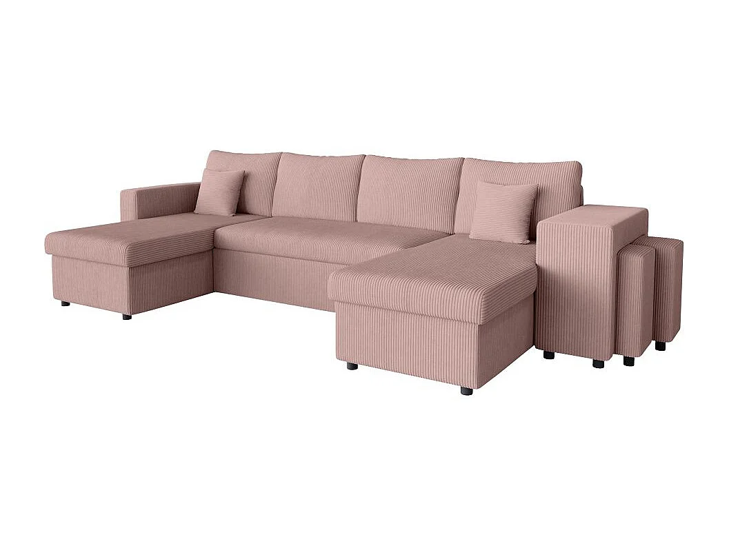 Canapé panoramique Oslo convertible avec 2 coffres, 2 poufs à droite en velours côtelé rose - L311 x P146 x H81cm - Loungitude