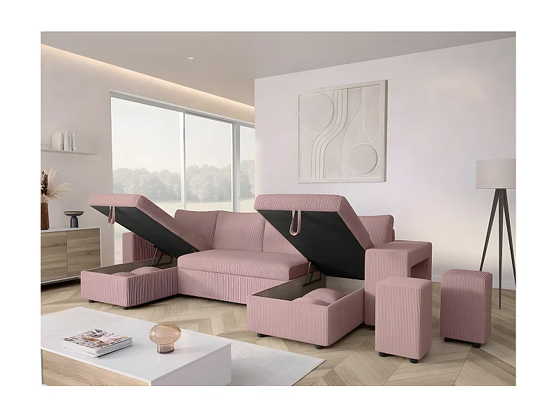 Canapé panoramique Oslo convertible avec 2 coffres, 2 poufs à droite en velours côtelé rose - L311 x P146 x H81cm - Loungitude
