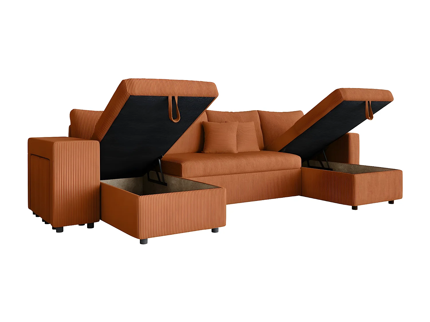 Canapé panoramique Oslo convertible avec 2 coffres, 2 poufs à gauche en velours côtelé terracotta - L311 x P146 x H81cm - Loungitude