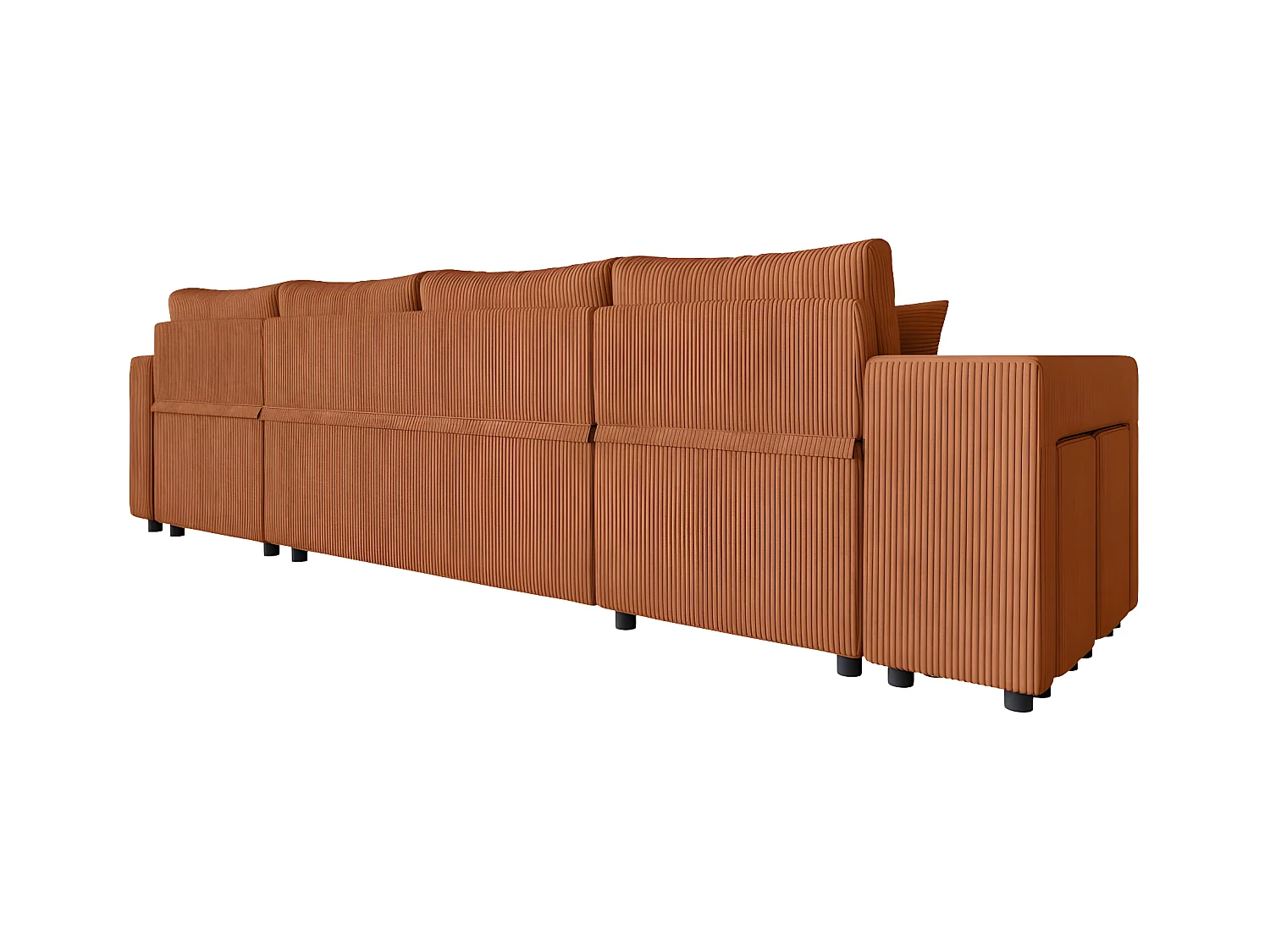 Canapé panoramique Oslo convertible avec 2 coffres, 2 poufs à gauche en velours côtelé terracotta - L311 x P146 x H81cm - Loungitude