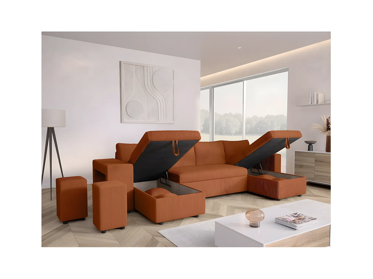 Canapé panoramique Oslo convertible avec 2 coffres, 2 poufs à gauche en velours côtelé terracotta - L311 x P146 x H81cm - Loungitude