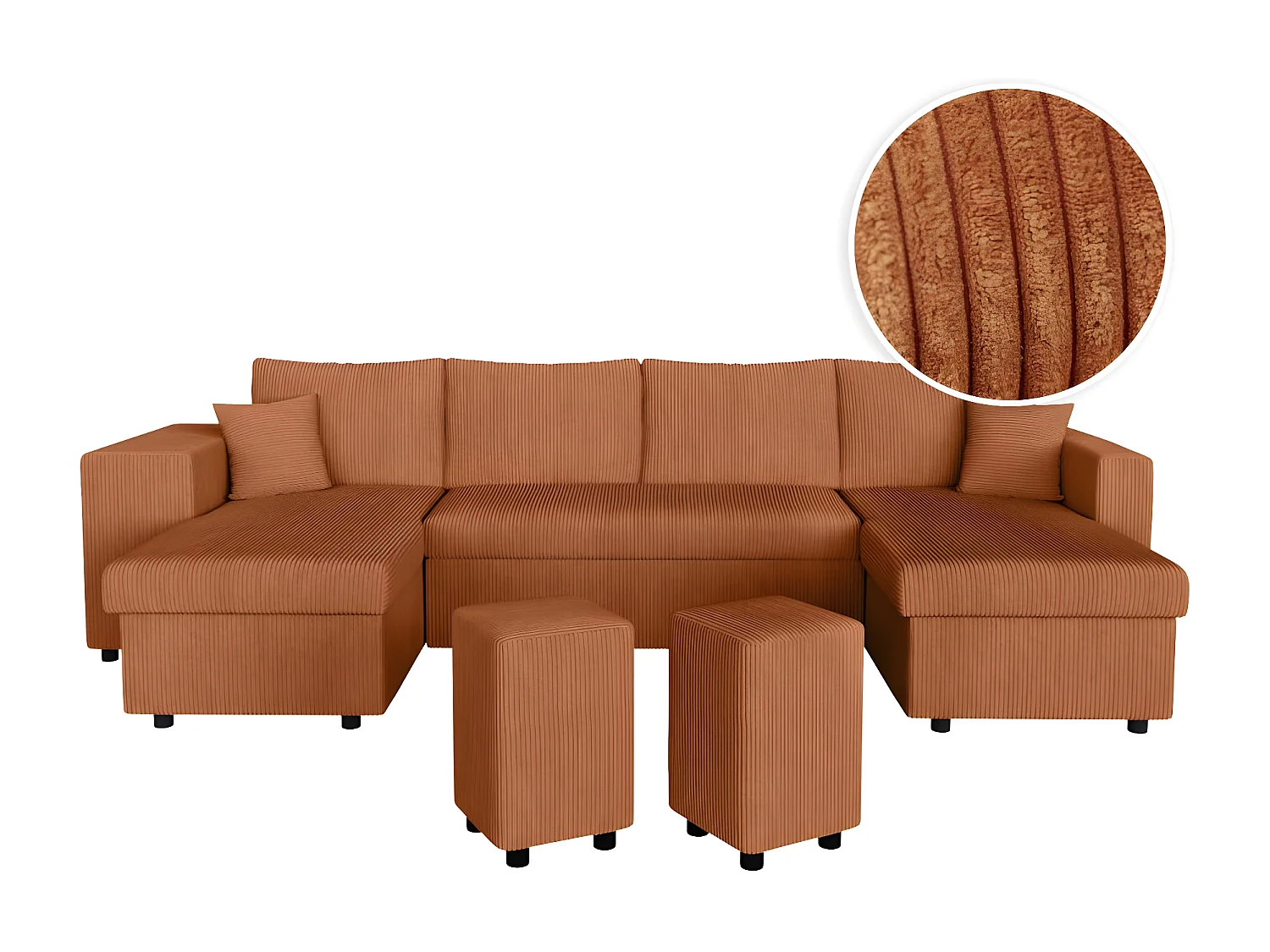 Canapé panoramique Oslo convertible avec 2 coffres, 2 poufs à gauche en velours côtelé terracotta - L311 x P146 x H81cm - Loungitude