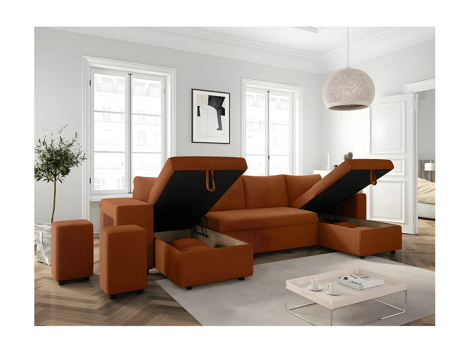 Canapé panoramique Oslo convertible avec 2 coffres, 2 poufs à gauche en velours côtelé terracotta - L311 x P146 x H81cm - Loungitude