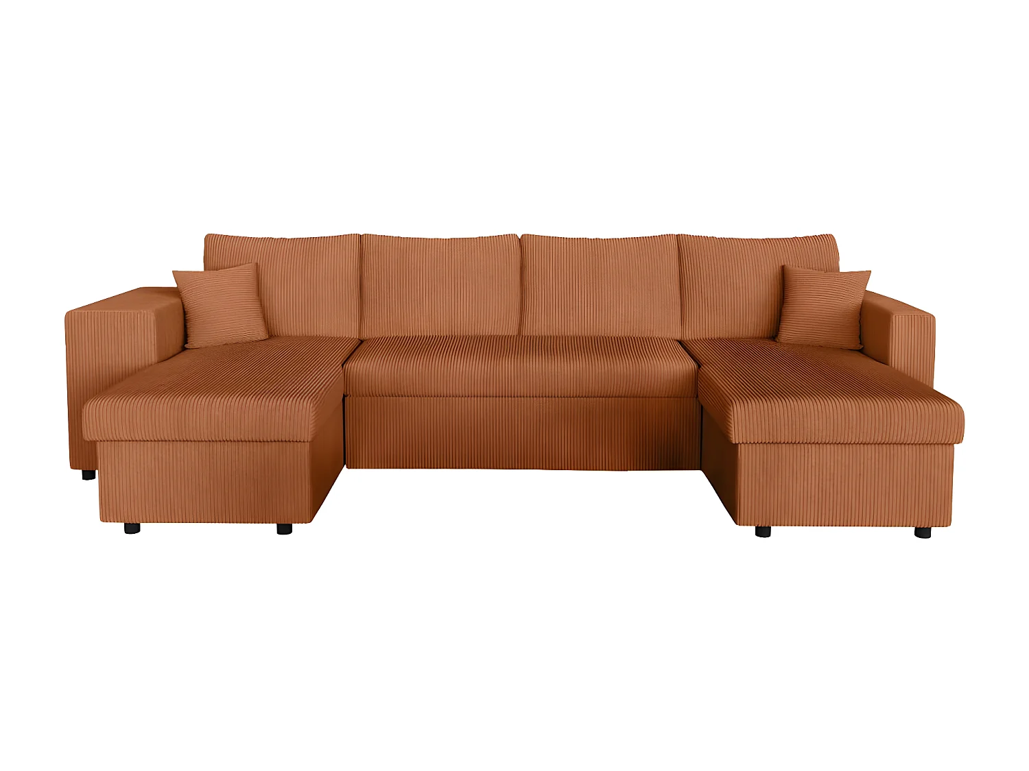 Canapé panoramique Oslo convertible avec 2 coffres, 2 poufs à gauche en velours côtelé terracotta - L311 x P146 x H81cm - Loungitude