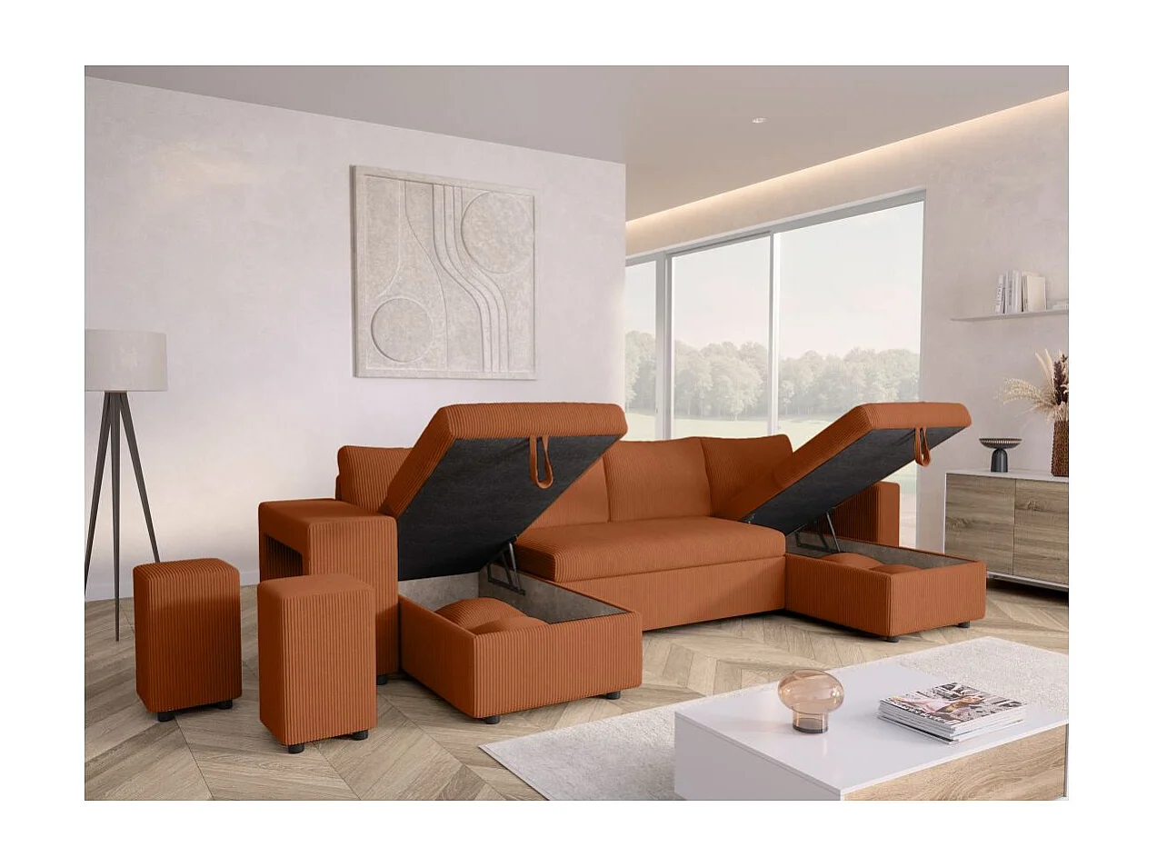 Canapé panoramique Oslo convertible avec 2 coffres, 2 poufs à gauche en velours côtelé terracotta - L311 x P146 x H81cm - Loungitude