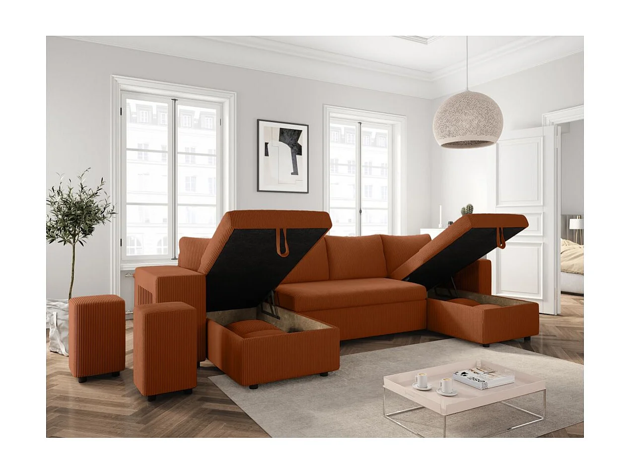 Canapé panoramique Oslo convertible avec 2 coffres, 2 poufs à gauche en velours côtelé terracotta - L311 x P146 x H81cm - Loungitude