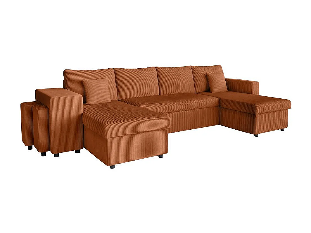 Canapé panoramique Oslo convertible avec 2 coffres, 2 poufs à gauche en velours côtelé terracotta - L311 x P146 x H81cm - Loungitude