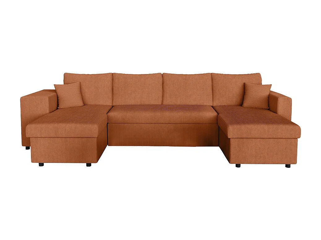 Canapé panoramique Oslo convertible avec 2 coffres, 2 poufs à gauche en velours côtelé terracotta - L311 x P146 x H81cm - Loungitude