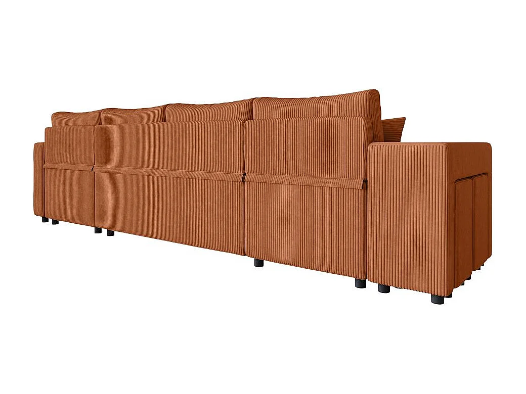 Canapé panoramique Oslo convertible avec 2 coffres, 2 poufs à gauche en velours côtelé terracotta - L311 x P146 x H81cm - Loungitude