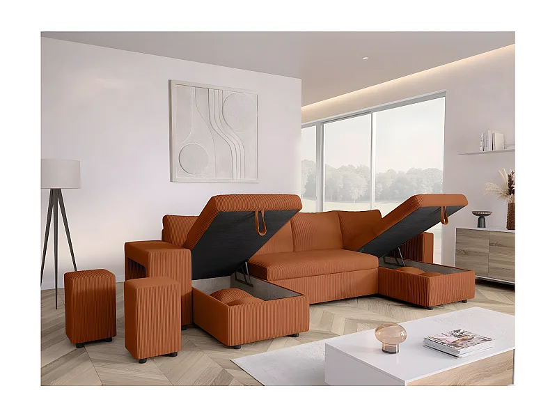 Canapé panoramique Oslo convertible avec 2 coffres, 2 poufs à gauche en velours côtelé terracotta - L311 x P146 x H81cm - Loungitude