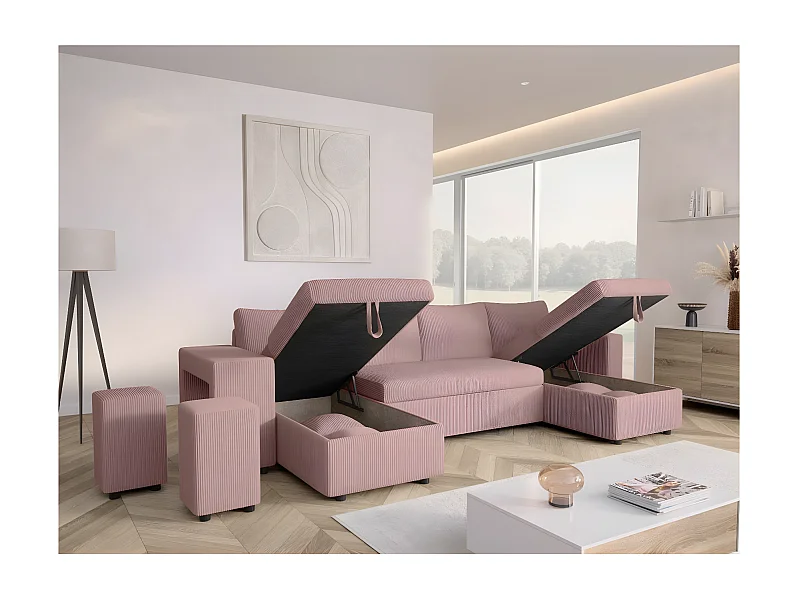 Canapé panoramique Oslo convertible avec 2 coffres, 2 poufs à gauche en velours côtelé rose - L311 x P146 x H81cm - Loungitude