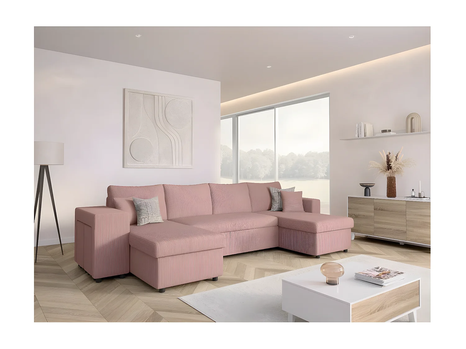 Canapé panoramique Oslo convertible avec 2 coffres, 2 poufs à gauche en velours côtelé rose - L311 x P146 x H81cm - Loungitude