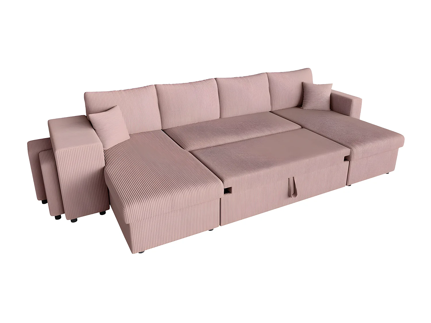 Canapé panoramique Oslo convertible avec 2 coffres, 2 poufs à gauche en velours côtelé rose - L311 x P146 x H81cm - Loungitude