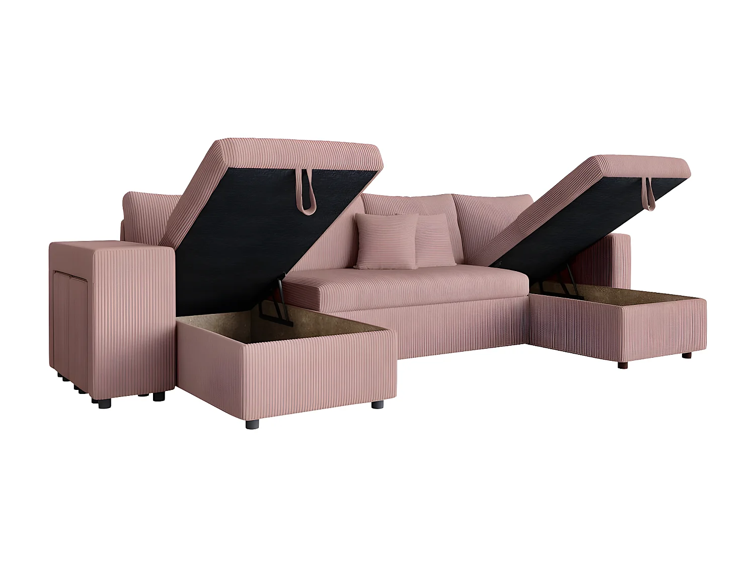 Canapé panoramique Oslo convertible avec 2 coffres, 2 poufs à gauche en velours côtelé rose - L311 x P146 x H81cm - Loungitude