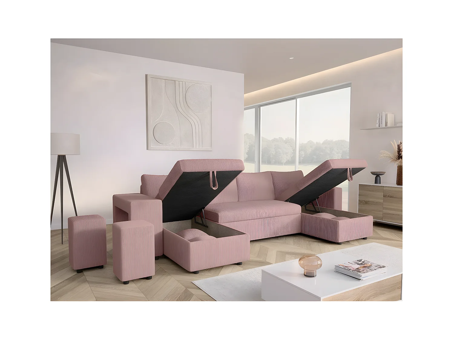 Canapé panoramique Oslo convertible avec 2 coffres, 2 poufs à gauche en velours côtelé rose - L311 x P146 x H81cm - Loungitude