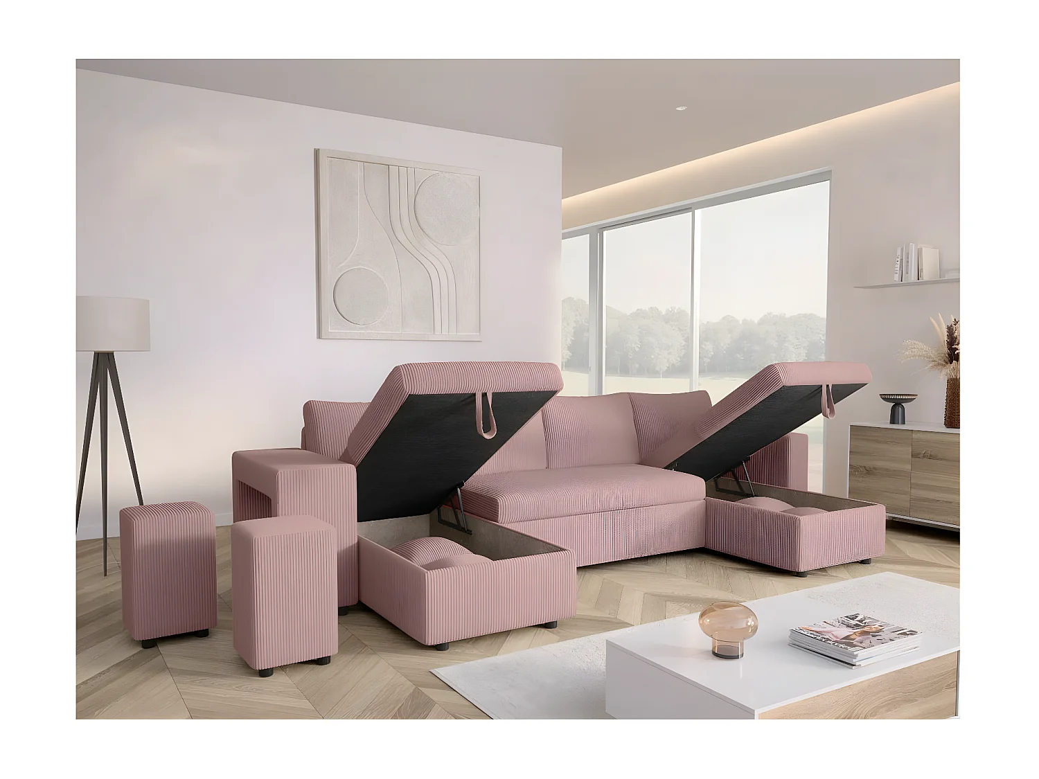 Canapé panoramique Oslo convertible avec 2 coffres, 2 poufs à gauche en velours côtelé rose - L311 x P146 x H81cm - Loungitude