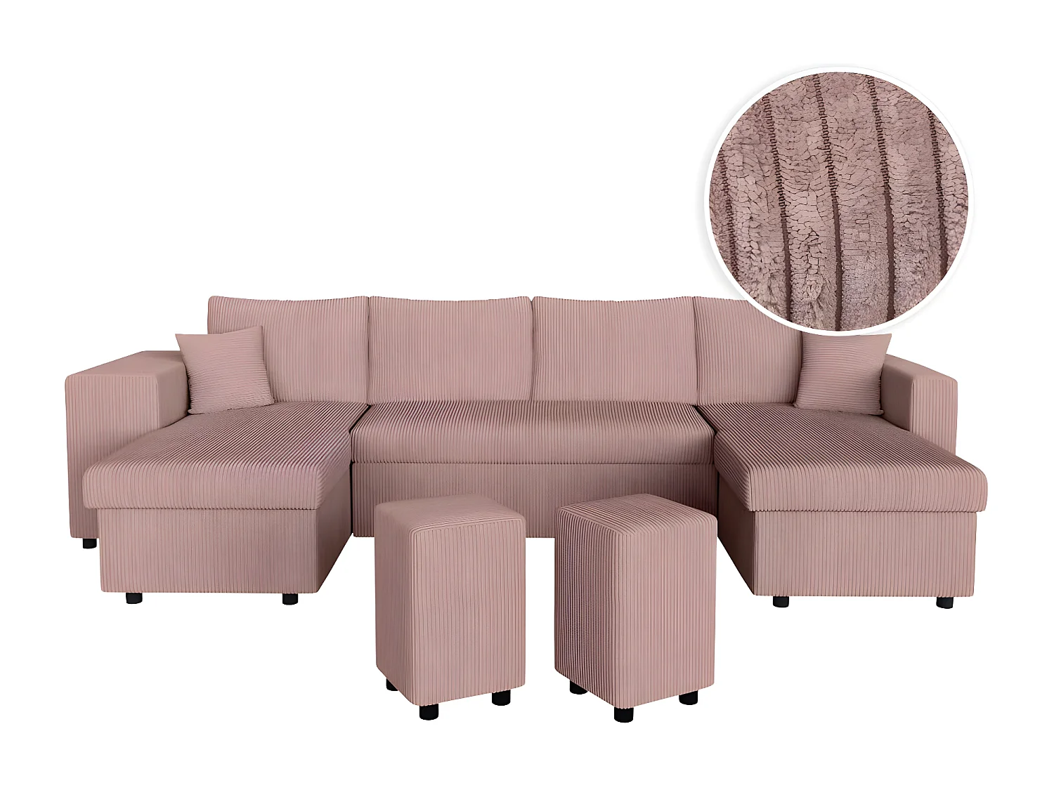 Canapé panoramique Oslo convertible avec 2 coffres, 2 poufs à gauche en velours côtelé rose - L311 x P146 x H81cm - Loungitude